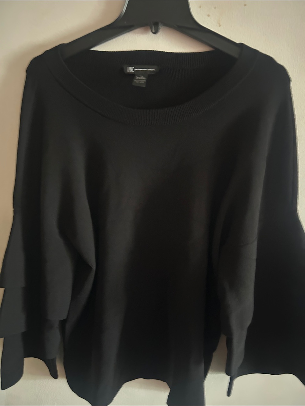 INC International Concepts Black Crewneck Sweater with Tiered Bell Sleeves